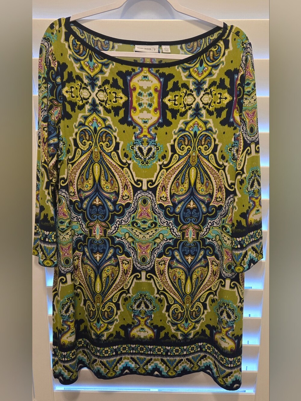 Susan Graver Green Paisley-Print 3/4 Sleeve Dress Tunic with Navy Accents L